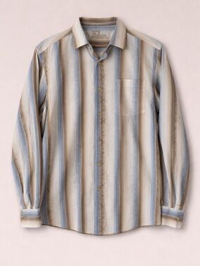 Tommy Bahama Denim Men’s Blue Tan Striped Button Down Shirt Large
